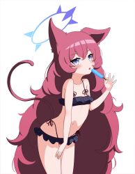 Rule 34 | 1girl, absurdres, animal ears, bare arms, bare legs, bare shoulders, bikini, black bikini, blue archive, breasts, cat ears, cat tail, curly hair, food, frilled bikini, frills, grey eyes, halo, highres, holding, holding food, holding popsicle, iroha (blue archive), long hair, looking at viewer, popsicle, red hair, small breasts, solo, swimsuit, tail, thighs