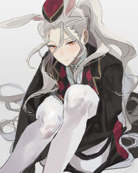 Rule 34 | 1boy, absurdres, animal ears, bishounen, black jacket, closed mouth, collared jacket, commentary request, ensemble stars!, feet out of frame, grey background, grey hair, hands under legs, highres, jacket, jiz (pffbq), knees up, long hair, long sleeves, looking at viewer, male focus, orange eyes, pantyhose, ponytail, rabbit boy, rabbit ears, ran nagisa, simple background, sitting, smile, solo, very long hair, white pantyhose, wonder game (ensemble stars!)