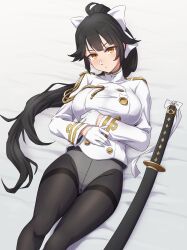 Rule 34 | 1girl, absurdres, azur lane, black hair, bow, breasts, brown eyes, commentary request, extra ears, feet out of frame, hair bow, hair flaps, highres, jacket, katana, large breasts, long hair, military jacket, military uniform, no pants, panties, panties under pantyhose, pantyhose, ponytail, ribbon, sheath, sheathed, siratori (yy 203), solo, sword, takao (azur lane), thighband pantyhose, two-tone leotard, underwear, uniform, weapon, white bow, white jacket, white panties, white ribbon