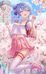 Rule 34 | 1girl, absurdres, alternate costume, backpack, bag, blue hair, breast pocket, cherry blossoms, closed eyes, commentary, crop top, crop top overhang, day, facing viewer, gradient hair, hair ribbon, hands up, highres, hololive, hoshimachi suisei, leg up, long hair, midriff, miniskirt, multicolored hair, musical note, navel, neck ribbon, open mouth, outdoors, pink footwear, pink skirt, plaid, plaid skirt, pleated skirt, pocket, randoseru, ribbon, sailor collar, school uniform, serafuku, shirt, shoes, short sleeves, side ponytail, skirt, smile, sneakers, solo, stomach, thigh strap, thighhighs, virtual youtuber, wajuniorbox, white shirt, white thighhighs, zettai ryouiki