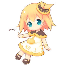 Rule 34 | 1girl, aikei ake, black capelet, black footwear, blonde hair, blue eyes, blush, capelet, chibi, closed mouth, dress, full body, hair between eyes, hair ornament, highres, mary janes, one side up, original, personification, roman numeral, shoes, simple background, sleeveless, sleeveless dress, smile, solo, translation request, white background, white dress