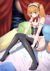 Rule 34 | 1girl, arm garter, bare shoulders, bed, black thighhighs, blush, bra, breasts, brown hair, corset, detached collar, female focus, frills, green eyes, hair ribbon, looking at viewer, maid, maid headdress, namakemono (u446644k), navel, neck ribbon, no panties, original, pillow, ribbon, sitting, small breasts, smile, solo, thighhighs, twintails, two side up, underwear