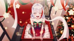 Rule 34 | 1girl, absurdres, arm ribbon, arm support, blunt bangs, blush, box, breasts, character request, christmas tree, cleavage, closed eyes, collarbone, copyright request, dress, from above, gift, gift box, highres, multicolored hair, open mouth, red dress, red eyes, ribbon, ryon y0421, short hair, silver hair, small breasts, smile, solo, star (symbol), streaked hair