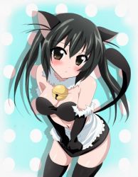 Rule 34 | 00s, 1girl, animal ears, apron, bad id, bad pixiv id, bell, bikini, bikini top only, black bikini, black hair, blush, breasts squeezed together, breasts, brown eyes, cat ears, cat girl, cleavage, covering privates, covering crotch, elbow gloves, female focus, gloves, jingle bell, k-on!, large breasts, momoiro tanuki, nakano azusa, polka dot, shadow, skirt, skirt tug, solo, swimsuit, thighhighs, twintails