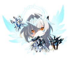 Rule 34 | 1girl, black gloves, blue halo, boots, chibi, cleavage cutout, clothing cutout, code: sariel (elsword), commentary request, dress, elsword, energy, energy wings, eve (elsword), expressionless, facial mark, flat chest, gem, gloves, halo, highres, jewelry, long hair, looking at viewer, machine, mechanical ears, moby (elsword), mulook, orange eyes, remy (elsword), robot, strapless, transparent, transparent background, very long hair, white dress, white hair