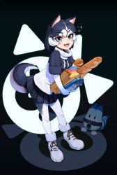 Rule 34 | 1girl, :d, animal ears, bag, baguette, black hair, black skirt, blue eyes, bread, commentary request, croissant, dog ears, dog girl, dog tail, fangs, food, full body, fur trim, highres, japari bun, japari symbol, kemono friends, leaning forward, looking at viewer, lucky beast (kemono friends), multicolored hair, open mouth, pantyhose, pleated skirt, short hair, short sleeves, siberian husky (kemono friends), skirt, smile, sparkle, standing, tail, two-tone hair, white hair, yuanagae