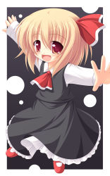 Rule 34 | 1girl, ascot, bad id, bad pixiv id, blonde hair, blush, chibi, embodiment of scarlet devil, fang, female focus, hair ribbon, highres, open mouth, outstretched arms, red eyes, ribbon, rumia, shirt, short hair, skirt, skirt set, smile, solo, touhou, vest, yokuran
