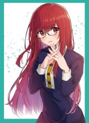 Rule 34 | 1girl, black-framed eyewear, blue dress, blush, buttons, commentary request, crossed fingers, dress, female focus, flying sweatdrops, glasses, hair between eyes, long hair, long sleeves, looking at viewer, matching hair/eyes, nervous, own hands together, persona, persona 5, persona 5 the royal, red eyes, red hair, solo, spoilers, straight hair, wavy mouth, yoshizawa kasumi, yuuri (orz commushows)