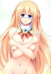 Rule 34 | 1girl, :o, blonde hair, blue eyes, blush, breasts, cleavage, covering privates, covering breasts, detached collar, doria (p f dolia), groin, highres, large breasts, long hair, looking at viewer, navel, neptune (series), nude, solo, vert (neptunia), very long hair