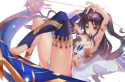 Rule 34 | 1girl, anklet, armlet, armpits, arms up, ass, asymmetrical legwear, asymmetrical sleeves, bare arms, bare legs, bare shoulders, black hair, black ribbon, blue detached sleeves, blue thighhighs, breasts, crown, detached sleeves, duan henglong, earrings, fate/grand order, fate (series), feet, female focus, floating hair, gem, hair in own mouth, hair ribbon, highres, hoop earrings, ishtar (fate), jewelry, knees up, legs, long hair, looking at viewer, lying, medium breasts, mouth hold, navel, neck, neck ring, on back, red eyes, revealing clothes, ribbon, single sleeve, single thighhigh, solo, strapless, thighhighs, thighlet, toeless legwear, toes, tohsaka rin, two side up, type-moon, uneven legwear, uneven sleeves, waist cape