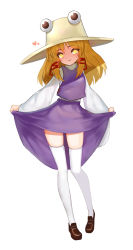 Rule 34 | 1girl, blonde hair, brown footwear, clothes lift, ehart, eyebrows, full body, hair ornament, hair ribbon, hat, heart, highres, legs apart, lifted by self, loafers, long hair, long sleeves, looking at viewer, moriya suwako, parted lips, purple skirt, purple vest, red ribbon, ribbon, shirt, shoes, sidelocks, simple background, skin tight, skirt, skirt hold, skirt lift, skirt set, slit pupils, smile, solo, spoken heart, standing, touhou, turtleneck, vest, white background, white shirt, wide sleeves, yellow eyes