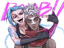 Rule 34 | 1boy, 1girl, annoyed, arcane: league of legends, arcane jinx, arm tattoo, asymmetrical bangs, black gloves, collarbone, d (xxl30433461), dark-skinned male, dark skin, ekko (league of legends), facial mark, fangs, fingerless gloves, firelight ekko, gloves, green hair, grey hair, highres, jinx (league of legends), league of legends, looking at viewer, open mouth, pink eyes, red scarf, scarf, short hair, shoulder tattoo, smile, striped sleeves, tattoo, teeth, tongue, tongue out, upper body, upper teeth only, white background