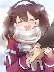 Rule 34 | 10s, 1girl, :d, ^ ^, brown hair, earmuffs, closed eyes, holding hands, happy, kantai collection, open mouth, out of frame, primary stage, ribbon-trimmed sleeves, ribbon trim, ryuujou (kancolle), scarf, smile, solo focus, twintails, twitter username, upper body, white scarf