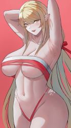 Rule 34 | 1girl, armpits, arms behind head, arms up, ass, blonde hair, blush, breasts, chest sarashi, chinese commentary, cleavage, clothing request, collarbone, commentary, fangs, green eyes, hair ribbon, highres, kiss-shot acerola-orion heart-under-blade, large breasts, long hair, looking at viewer, milksasa, monogatari (series), oshino shinobu, pointy ears, red background, red ribbon, ribbon, sarashi, sidelocks, simple background, solo, standing, sweat, swept bangs, vampire, very long hair