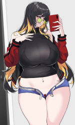 Rule 34 | 1girl, bare shoulders, black hair, black shirt, blonde hair, blue shorts, breasts, cellphone, cleavage, commentary, curvy, hand on own chest, hella p, highres, holding, holding phone, huge breasts, jacket, long hair, long sleeves, looking at viewer, maebari, multicolored hair, navel piercing, off shoulder, open clothes, open shorts, original, phone, piercing, pink eyes, red jacket, see-through, selfie, shirt, short shorts, shorts, sleeveless, sleeveless shirt, smartphone, smile, solo, standing, sunglasses, symbol-only commentary, very long hair, wide hips