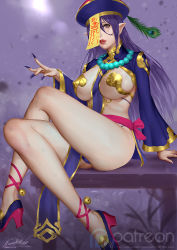 Rule 34 | 1girl, ariverkao, between breasts, blurry, blurry background, breasts, fingernails, hat, high heels, jewelry, large breasts, long hair, long sleeves, looking at viewer, nail polish, necklace, ofuda, original, pelvic curtain, pointy ears, purple background, purple hair, revealing clothes, sharp fingernails, shrug (clothing), sitting, solo, yellow eyes