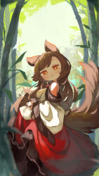 Rule 34 | 1girl, absurdres, animal ears, bamboo, bamboo forest, blush, breasts, brown hair, chii (tsumami tsumamare), closed mouth, clothes lift, dress, dress lift, forest, frilled dress, frills, highres, imaizumi kagerou, lifted by self, long hair, long sleeves, medium breasts, nature, red dress, solo, tail, touhou, white dress, wide sleeves, wolf ears, wolf tail, yellow eyes