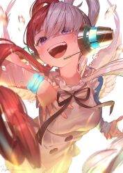 Rule 34 | 1girl, cowboy shot, feathered wings, hair rings, highres, looking at viewer, microphone, multicolored hair, one piece, one piece film: red, open mouth, purple eyes, red hair, ryota (ry o ta), signature, simple background, single sleeve, smile, solo, split-color hair, two-tone hair, uta (one piece), white background, white hair, white wings, wings
