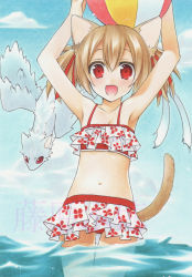Rule 34 | 10s, 1girl, :d, animal ears, armpits, arms up, bad id, bad pixiv id, ball, beachball, bikini, brown hair, cat ears, cat tail, cloud, cloudy sky, day, dragon, fujiwara minaho, hair ribbon, looking at viewer, marker (medium), multiple tails, navel, ocean, open mouth, partially submerged, pina (sao), red eyes, ribbon, short hair, silica, silica (sao-alo), sky, smile, swimsuit, sword art online, tail, traditional media, twintails, two tails, watermark, white bikini