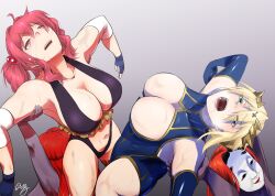 Rule 34 | 4girls, adapted costume, alternate costume, artoria pendragon (fate), ass, blonde hair, blue gloves, borrowed design, braid, breasts, catfight, cleavage, clothing cutout, commentary request, commission, crown, elbow gloves, fate/grand order, fate (series), fingerless gloves, french braid, full body, gloves, green eyes, hair bobbles, hair ornament, hanabusa (xztr3448), highleg, highres, knee pads, large breasts, leotard, long hair, looking up, magic circle, mask, multiple girls, muscular, muscular female, navel, one eye closed, onozuka komachi, open mouth, orange hair, original, pixiv commission, red eyes, red hair, short hair, sleeveless, sleeveless turtleneck, sleeveless turtleneck leotard, standing, sweat, swimsuit, thighhighs, touhou, touhou tag dream, turtleneck, two side up, wrestling