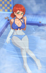 Rule 34 | 1girl, barleyshake, bikini, blue bikini, blush, breasts, brown hair, cleavage, commission, earrings, full body, green eyes, hand up, highres, jewelry, large breasts, looking at viewer, navel, partially submerged, penny (stardew valley), pool, sitting, smile, solo, stardew valley, steam, swimsuit, tile floor, tile wall, tiles, water