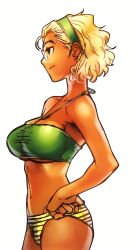 Rule 34 | 1girl, absurdres, bikini, black lagoon, blonde hair, breasts, from side, glasses, hand on own hip, highres, janet bhai, large breasts, legs, navel, short hair, sideboob, smile, solo, swimsuit, tan, thighs