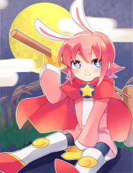 Rule 34 | + +, 1boy, animal ears, black pants, blue eyes, blush, cape, closed mouth, gloves, hair between eyes, highres, long sleeves, looking at viewer, moon, night, night sky, ocean prince, outdoors, pants, pink cape, pink hair, pink shirt, puyopuyo, rabbit ears, salde canarl shellbrick iii, shirt, sitting, sky, v-shaped eyebrows, white shirt, xox xxxxxx, yellow gloves, yellow star