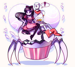 Rule 34 | !, 1boy, 1girl, alternate costume, alternate hair length, alternate hairstyle, armor, dress, extra arms, extra eyes, fangs, heart, high heels, arthropod girl, monster, muffet, muffet&#039;s pet, open mouth, papyrus (undertale), riding, rotodisk, scarf, simple background, sitting, skeleton, smile, undertale