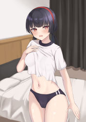 Rule 34 | 1girl, 72 (mmmmkk), absurdres, bed, black hair, blunt bangs, blurry, blurry background, blush, breasts, brown eyes, buruma, cameltoe, commentary, curtains, hairband, hand on own chest, hand up, highres, idolmaster, idolmaster shiny colors, indoors, looking at viewer, low twintails, mayuzumi fuyuko, medium breasts, navel, pillow, raised eyebrows, shiny skin, shirt, short sleeves, solo, thighs, twintails, white shirt