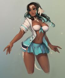 Rule 34 | 1girl, absurdres, au ra, warrior of light (ff14), bad id, bad tumblr id, black eyes, black hair, blue skirt, bra, breasts, character request, commentary, cropped legs, dark-skinned female, dark skin, final fantasy, final fantasy xiv, grey background, highres, horns, jacket, jewelry, large breasts, matilda fiship, multicolored hair, navel, open clothes, open jacket, parted lips, pleated skirt, ring, short sleeves, skirt, smile, solo, standing, strapless, strapless bra, streaked hair, tail, underwear, white bra, white jacket