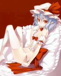 Rule 34 | 1girl, bare shoulders, barefoot, bed, blue hair, bow, bustier, choker, colored eyelashes, artistic error, eyelashes, feet, female focus, flat chest, frilled pillow, frills, hat, lingerie, lowleg, lowleg panties, midriff, naughty face, non-web source, orange eyes, panties, pillow, red eyes, remilia scarlet, ribbon, shingo (missing link), side-tie panties, sitting, solo, thighhighs, touhou, underwear, white panties, white thighhighs