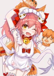 Rule 34 | 10s, 1girl, ;d, animal ears, animal hands, apron, arm up, armpits, bad id, bad pixiv id, bell, blurry, blush, bow, bowtie, breasts, bridal garter, cat hair ornament, claws, cleavage, collar, fang, fate/extra, fate/grand order, fate (series), fox ears, fox tail, gloves, hair between eyes, hair bow, hair ornament, highres, jingle bell, legs together, looking at viewer, maid headdress, naked apron, neck bell, one eye closed, open mouth, paw gloves, paw print, pink hair, pocket, ponytail, red bow, ribbon trim, sakurano shiyue, sash, simple background, smile, solo, tail, tamamo (fate), tamamo cat (fate), tamamo cat (third ascension) (fate), tamamo no mae (fate/extra), white bow, yellow eyes