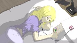 Rule 34 | 1girl, blonde hair, digital media player, earphones, expressionless, floor, futon, highres, lamp, long hair, lying, maribel hearn, night clothes, on side, pillow, playing with own hair, purple shirt, reading, shirt, short sleeves, solo, thighs, touhou, translation request, wa we tata ki, wooden floor