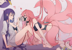 Rule 34 | 2girls, animal ears, annoyed, barefoot, black bra, blush, bra, breasts, cleavage, closed mouth, collar, crop top, fox ears, fox girl, fox tail, from side, full body, genshin impact, hair between eyes, hand on another&#039;s foot, heart, highres, holding, holding another&#039;s wrist, holding leash, leash, legs, long hair, looking at another, lusfseeds, medium breasts, mole, mole under eye, multiple girls, multiple tails, muzzle, nail polish, pink hair, pink nails, purple eyes, purple hair, purple nails, raiden shogun, short shorts, shorts, sidelocks, sitting, sweatdrop, tail, toenails, toes, underwear, v-shaped eyebrows, very long hair, yae miko, yuri