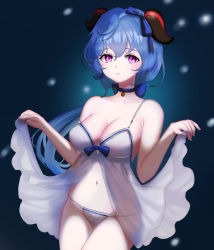 Rule 34 | 1girl, ash (cat7evy), bare shoulders, blush, bow, breasts, choker, cleavage, dress, frills, ganyu (genshin impact), genshin impact, hair bow, highres, horns, large breasts, open clothes, open dress, panties, purple eyes, smile, solo, strap slip, underwear