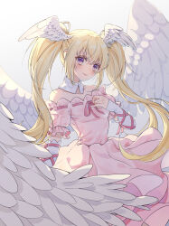 Rule 34 | 1girl, absurdres, angel, angel wings, blonde hair, blush, closed mouth, dress, feathered wings, gloves, hand on own chest, head tilt, head wings, highres, hoshina utau, looking at viewer, pink dress, purple eyes, seraphic charm, shugo chara!, solo, tian xiaoxin, twintails, white background, white gloves, wings