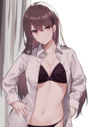 Rule 34 | aosaki yukina, bra, breasts, brown hair, character request, cleavage, collared shirt, commentary request, copyright request, floral print, frilled bra, frills, hair between eyes, hair ornament, hairclip, hand on own hip, highres, long hair, long sleeves, looking at viewer, medium breasts, navel, open clothes, open shirt, paid reward available, panties, rose print, shirt, smile, solo, underwear, white shirt