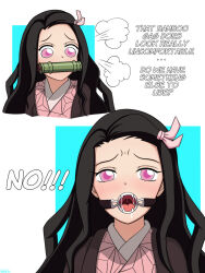 Rule 34 | !, !!, ..., 1girl, ?, alternate costume, artist request, bamboo, bit gag, black hair, blush, commentary, covered mouth, cropped torso, embarrassed, english commentary, english text, fangs, gag, gagged, hyoreisan, japanese clothes, kamado nezuko, kimetsu no yaiba, kimono, long hair, looking at viewer, mouth hold, nose, open mouth, pink eyes, pink kimono, pink ribbon, portrait, print kimono, ribbon, ring gag, saliva, sharp teeth, shouting, source request, teeth, upper body, uvula, variations