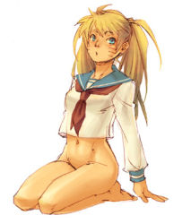 Rule 34 | 1girl, alternate costume, arched back, bare legs, barefoot, blonde hair, blouse, blue eyes, blush, bottomless, breasts, facial mark, facing viewer, full body, functionally nude, genderswap, genderswap (mtf), kneeling, kobashi, leaning back, long hair, long sleeves, looking at viewer, lowres, medium breasts, naruko (naruto), naruto, naruto (series), navel, neckerchief, no panties, parted lips, partially undressed, red neckerchief, red ribbon, ribbon, school uniform, seiza, serafuku, shirt, simple background, sitting, solo, twintails, uzumaki naruto, whisker markings, whiskers, white background, white shirt