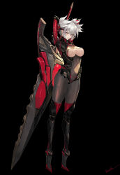 Rule 34 | 1girl, absurdres, arms behind back, arms up, artist name, bamuth, black background, black bodysuit, black eyes, bodysuit, breasts, clothing cutout, full body, grey hair, highres, holding, holding weapon, huge weapon, large breasts, leg armor, looking at viewer, mole, mole under mouth, multicolored hair, original, parted lips, red thighhighs, revealing clothes, signature, simple background, solo, sword, sword behind back, thighhighs, two-tone hair, underboob cutout, weapon, white hair