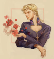 Rule 34 | 1boy, bad id, bad pixiv id, blonde hair, border, braid, bug, cleavage cutout, clothing cutout, crossed arms, flower, giorno giovanna, insect, jojo no kimyou na bouken, ladybug, male focus, outside border, pectoral cleavage, pectorals, red eyes, red flower, red rose, rose, solo, vento aureo, yfwdec22