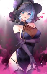 Rule 34 | 1girl, animal ears, azur lane, black dress, black gloves, black hair, black hat, black thighhighs, blue eyes, blue hair, breasts, cat ears, cheshire (azur lane), cheshire (cait sith crooner) (azur lane), china dress, chinese clothes, cleavage, collarbone, commentary request, cowboy shot, dress, elbow gloves, fake animal ears, fedora, garter straps, gloves, hat, highres, large breasts, looking at viewer, multicolored hair, official alternate costume, open mouth, pelvic curtain, purple gloves, see-through, see-through cleavage, short hair, showerz, smile, solo, standing, streaked hair, thighhighs, thighs