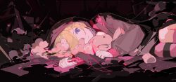 Rule 34 | 1girl, :|, absurdres, black hoodie, blonde hair, blue eyes, closed mouth, colored eyelashes, expressionless, fetal position, hair over one eye, highres, holding, holding scissors, holding stuffed toy, hood, hoodie, hugging object, irple, kagamine rin, long hoodie, looking at viewer, lying, neon palette, on floor, on side, patchwork clothes, project diva (series), red pupils, scissors, scissors (module), solo, striped clothes, striped thighhighs, stuffed animal, stuffed toy, stuffing, teddy bear, thighhighs, thread, tokyo teddy bear (vocaloid), trash, vocaloid