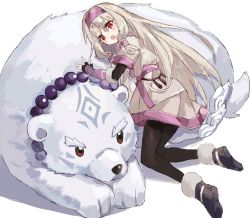 Rule 34 | 1girl, :d, ainu clothes, bead necklace, beads, bear, black pantyhose, commentary, fate/grand order, fate (series), fingerless gloves, full body, gloves, grey hair, hair tubes, headband, highres, illyasviel von einzbern, jewelry, long hair, lying on another, namiharuru, necklace, open mouth, pantyhose, polar bear, red eyes, simple background, sitonai (fate), smile, very long hair, white background