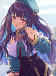 Rule 34 | 1girl, bare shoulders, beret, black hair, black shorts, blue hair, blush, bracelet, breasts, buttons, colored inner hair, double-breasted, eyeliner, fate/grand order, fate (series), green hat, green jacket, grey eyes, hat, highres, jacket, jewelry, long hair, looking at viewer, makeup, multicolored hair, neck ring, o-ring, off shoulder, open mouth, round eyewear, saipaco, shorts, sidelocks, small breasts, solo, sunglasses, tenochtitlan (fate), tenochtitlan (second ascension) (fate), thighs, unworn eyewear, wavy hair, zipper