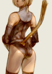 Rule 34 | 00s, 1girl, arched back, ass, back, bad id, bad pixiv id, bare shoulders, black thighhighs, branch (blackrabbits), clothing cutout, cowboy shot, final fantasy, final fantasy xi, grey background, high collar, leotard, looking back, mithra (ff11), simple background, solo, tail, tail through clothes, thighhighs