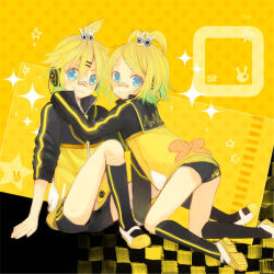 Rule 34 | 1boy, 1girl, blonde hair, blue eyes, brother and sister, hair ornament, hairclip, headset, jacket, kagamine len, kagamine rin, looking at viewer, project diva, project diva (series), project diva f, short hair, siblings, smile, stylish energy (vocaloid), suzushiro haru, vocaloid