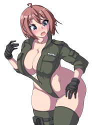 Rule 34 | ahoge, alternate costume, black gloves, blue eyes, blush, breasts, brown hair, brups tv, collarbone, commentary, english commentary, gloves, gluteal fold, green leotard, hand on own thigh, highres, large breasts, leotard, looking down, name tag, open mouth, original, short hair, skindentation, solo, space girl (brups tv), surprised, thigh strap, thighhighs