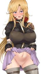 Rule 34 | 1girl, armor, bar censor, black gloves, black shirt, blonde hair, blush, breastplate, breasts, censored, clarisse (fire emblem), clothes lift, cowboy shot, fingerless gloves, fire emblem, fire emblem: new mystery of the emblem, fire emblem heroes, full-face blush, gloves, gluteal fold, groin, highres, large breasts, lifted by self, long hair, looking at viewer, miniskirt, navel, nintendo, no panties, open mouth, purple eyes, pussy, shirt, short sleeves, simple background, skirt, skirt lift, solo, thighhighs, toshimasa, very long hair, white background