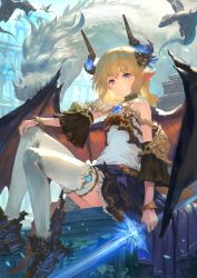 Rule 34 | 1girl, animal, bare shoulders, black footwear, blonde hair, blue eyes, blue sky, boots, brown skirt, commentary request, curled horns, day, dragon, eyebrows hidden by hair, frilled skirt, frills, gem, grin, hair between eyes, hand on own knee, highres, holding, holding sword, holding weapon, horns, knees up, long hair, looking at viewer, original, outdoors, pleated skirt, pointy ears, shirt, sitting, skirt, sky, sleeveless, sleeveless shirt, smile, solo, sword, thighhighs, wasabi60, weapon, white shirt, white thighhighs